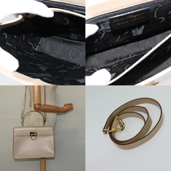 Salvatore Ferragamo Gancini Hand Bag Leather 2way Beige Gold Auth 125026 - Picture 15 of 16